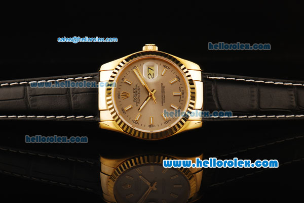 Rolex Oyster Perpetual Datejust Swiss ETA 2836 Automatic Movement Gold Case with Grey Dial and Black Leather Strap - Click Image to Close